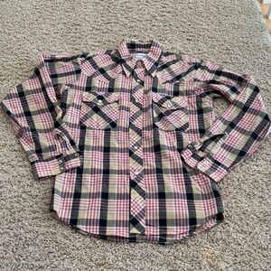 Vintage 70s McGregor Pearl Snap Button-up Long-sleeved Pink Navy Plaid, Kids 18